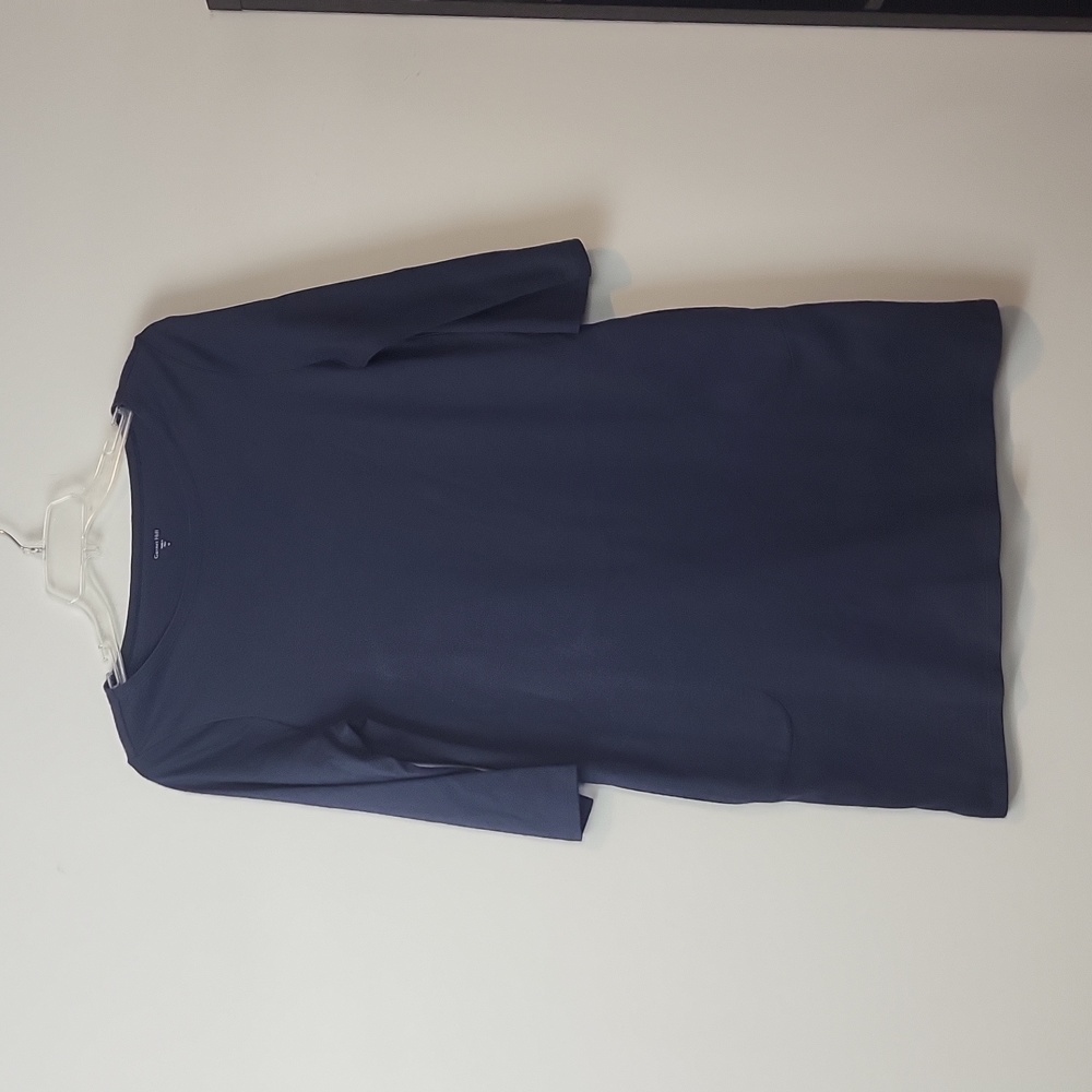 GARNET HILL Navy Blue Organic-Cotton Bateau-Neck 3/4 Sleeve Pocket Dress